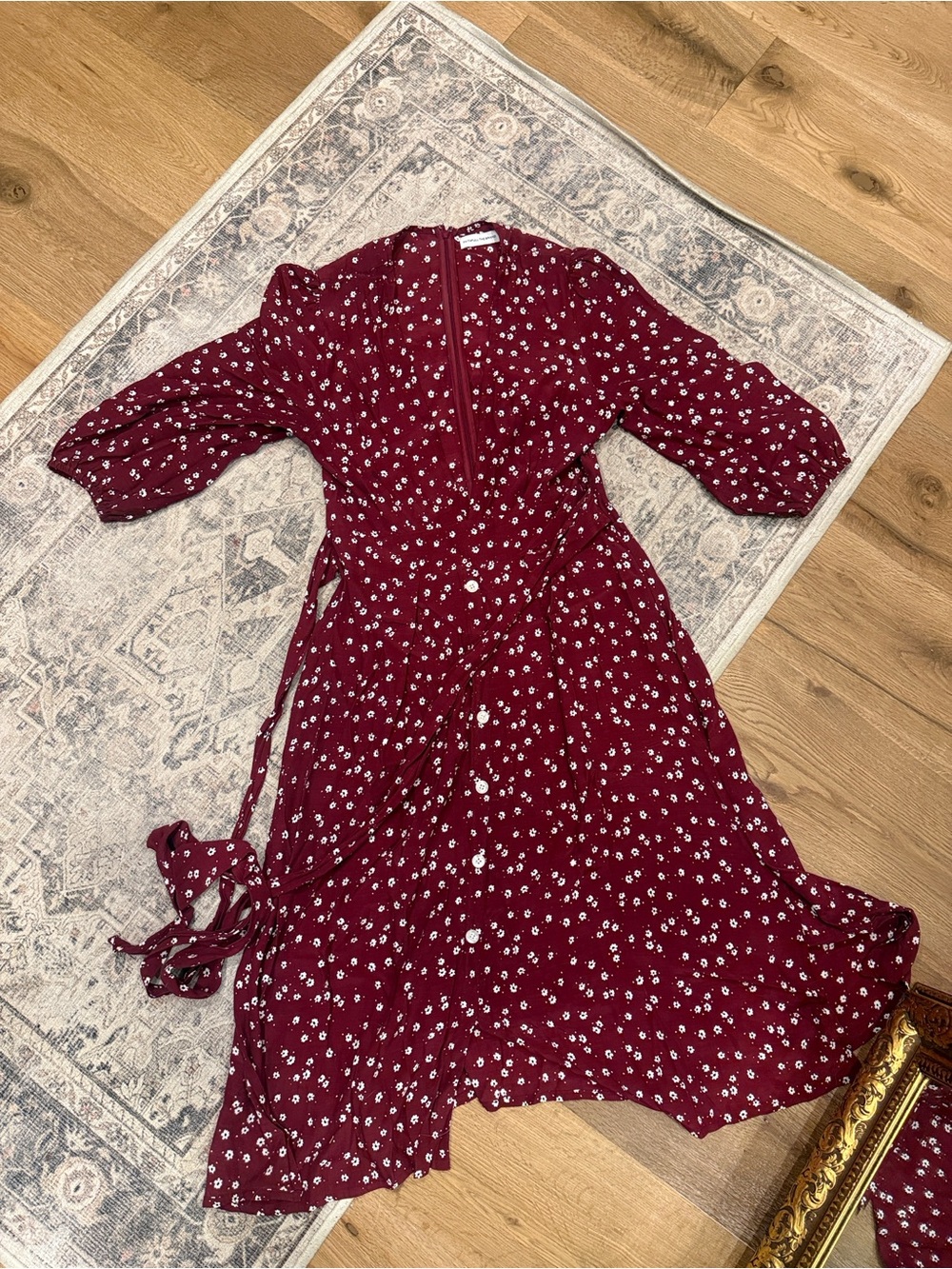 Faithfull the Brand Burgundy Floral Tie-Waist Midi Dress